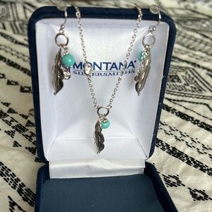 Montana Silver Smith’s feathers and turquoise necklace and earrings set.